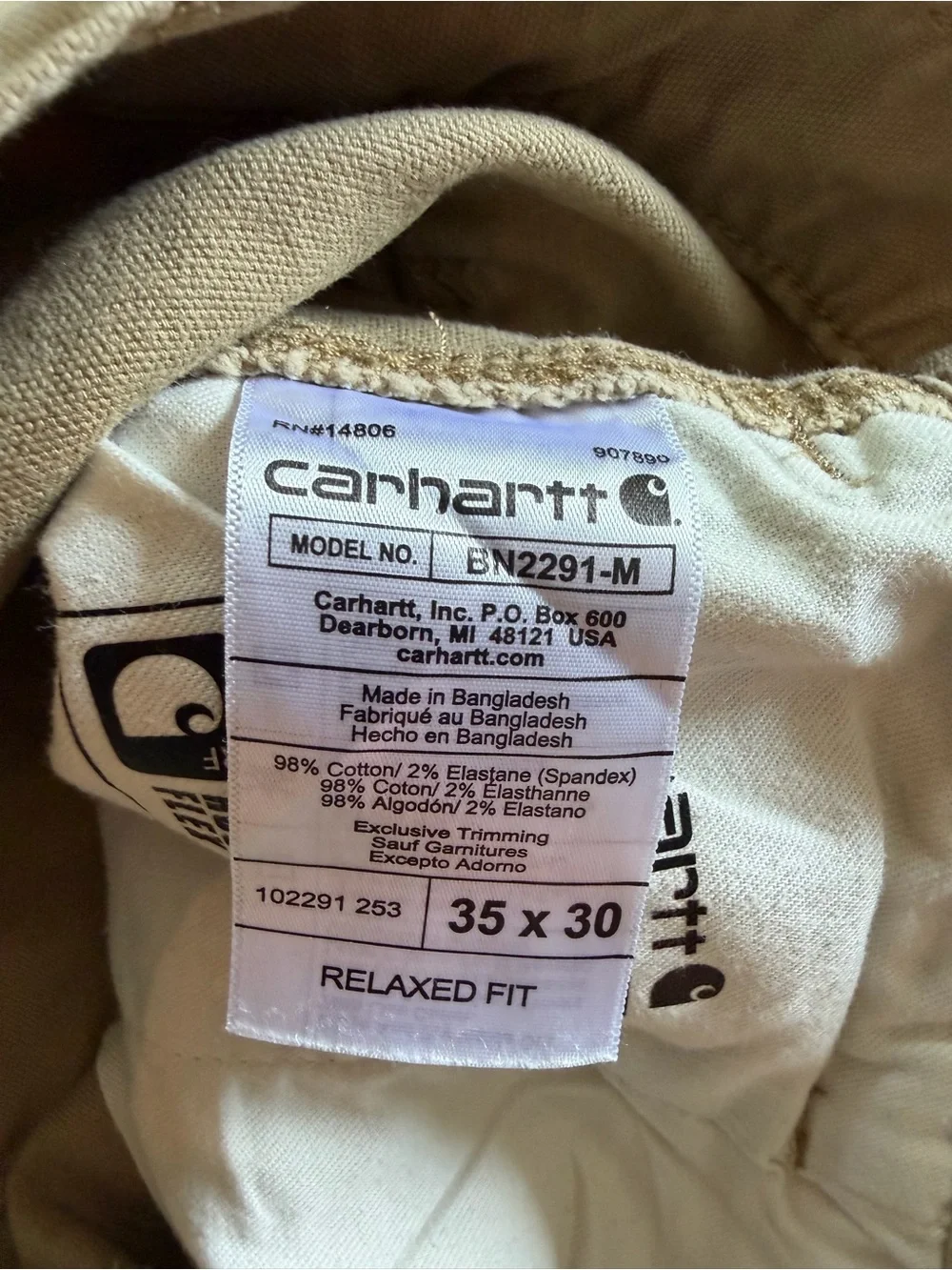 Carhartt Rugged Flex Relaxed Fit Pants Mens 35x30 True 29” Khaki 102291 253 Tan